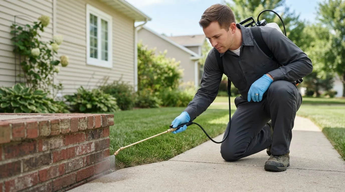 Pest control technician treating a home near Waterford, CT